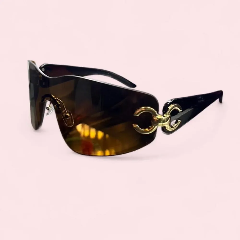 Y2k Shield Brown Sunglasses double c oversized wrap Summer Coastal